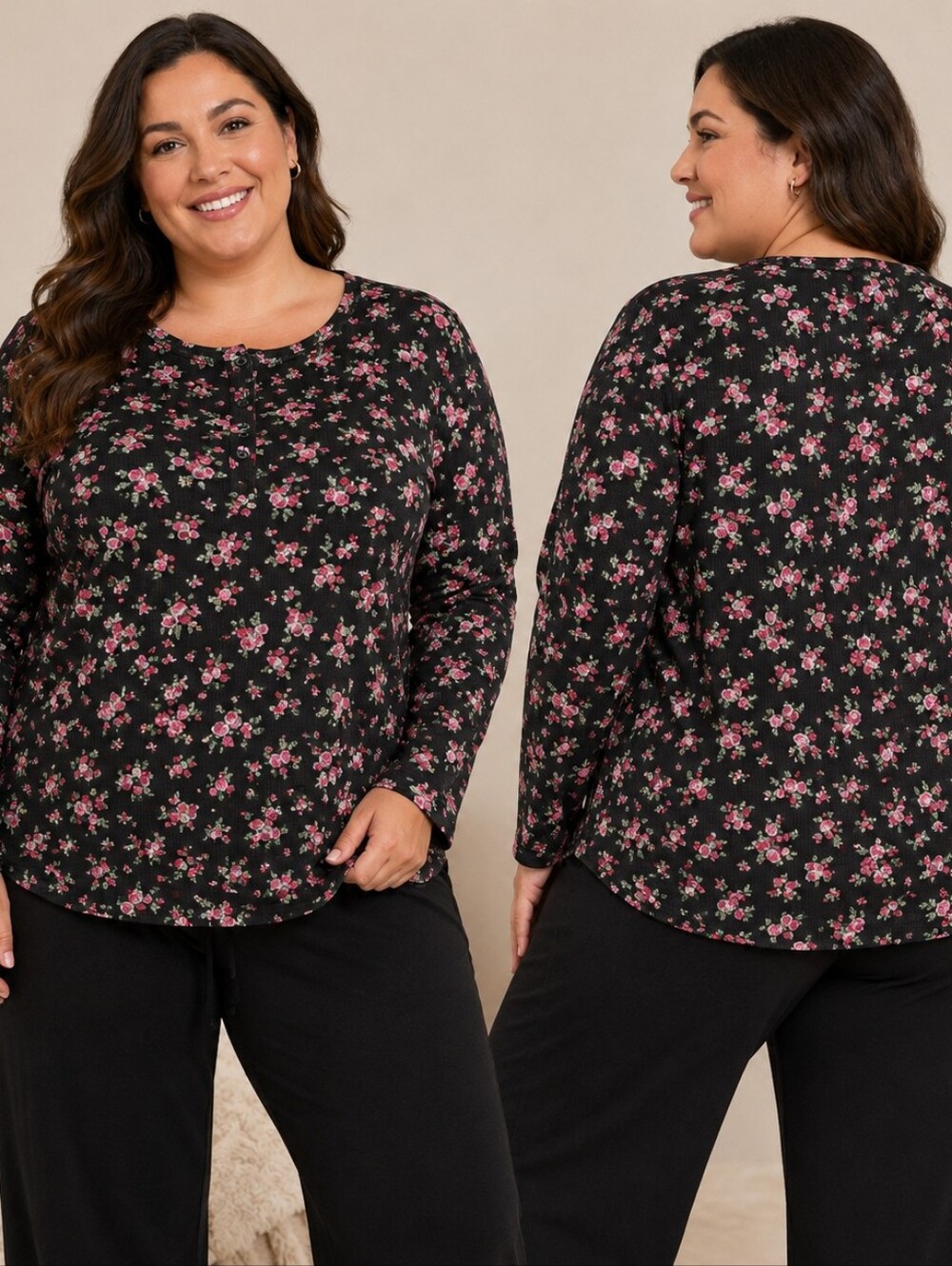 Cacique Sleep Floral Waffle Knit Henley Top Plus Size 26/28 4X Cozycore Cottagec